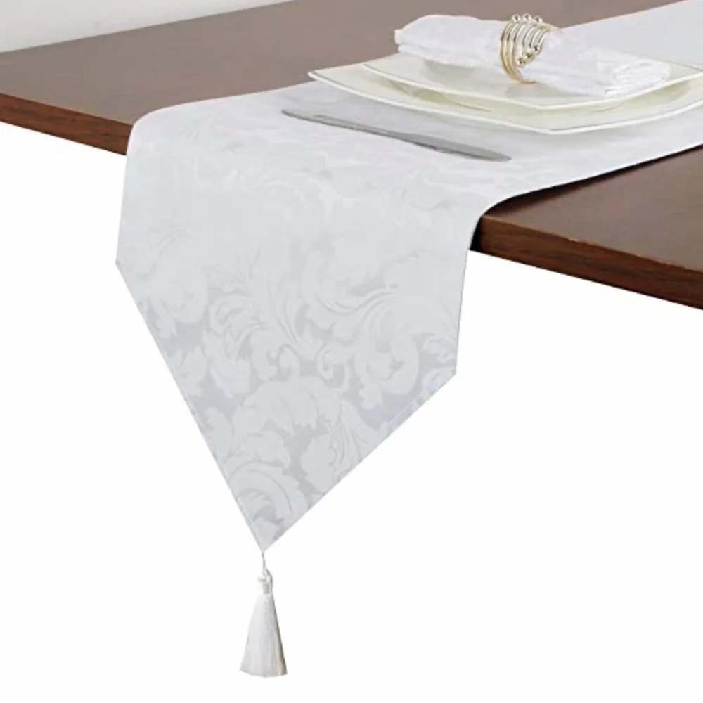 Holly Homes Table Runner Silky Damask Holiday Dressy White 13 in x 72 in
